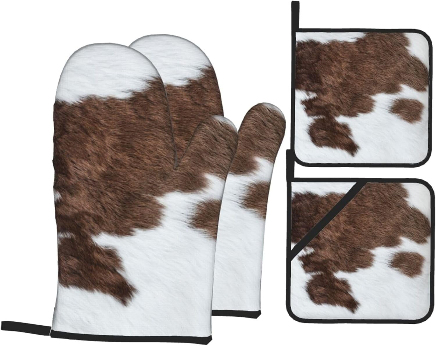 Brown Cowhide Oven Mitts and Pot Holders Set of 4 Cow Skin Pattern Mittens Potholders Heat Resistant Vintage Cow Bull Fur Animal Glove Pot Holder for BBQ Cooking Baking Grilling Kitchen Accessories