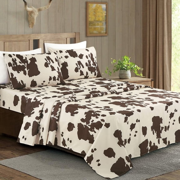 Brown Cowhide Print Bed Sheet Set - Rustic Western Style Microfiber Bedding with Deep Pockets for Year-Round Comfort