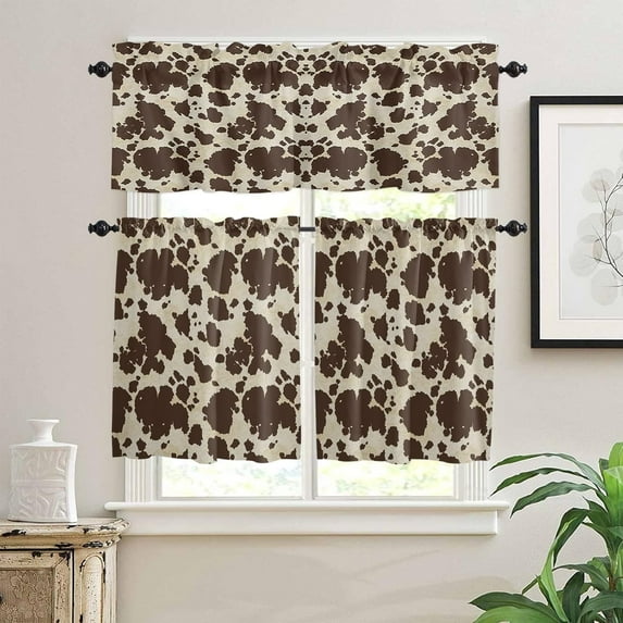 Brown Cowhide Print Kitchen Curtains | 3 Piece Semi Sheer Tiers | Graffie Pattern | Unique Window Treatments for Small Windows | Cafe, Living Room, Bedroom