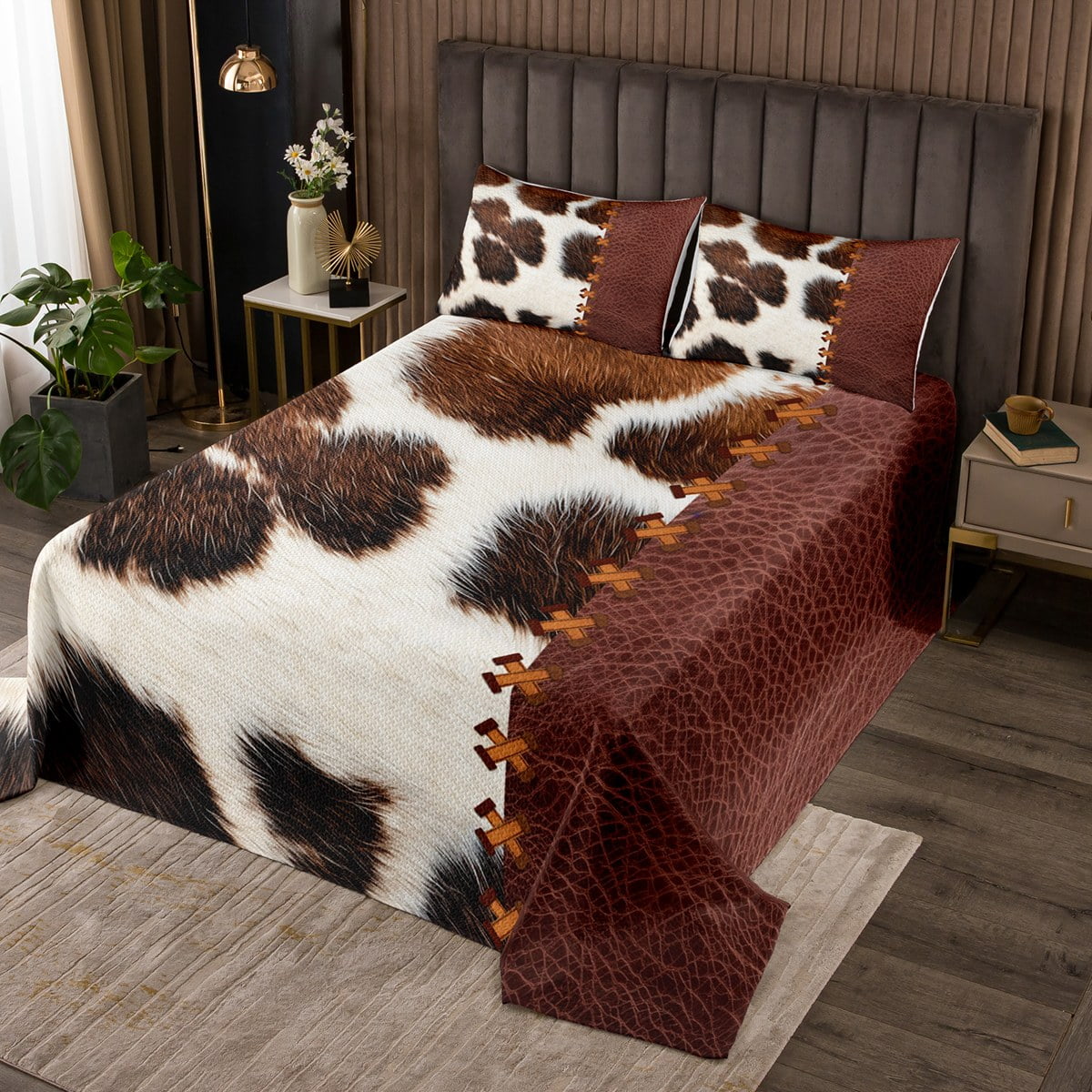 Brown Cowhide Quilt Set Patchwork Cow Print King Bedspread Set for