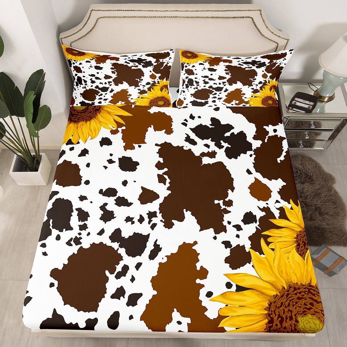 Brown Cowhide Sheets Full,Cattle Highland Cow Milk Cow Print Bed Sheets