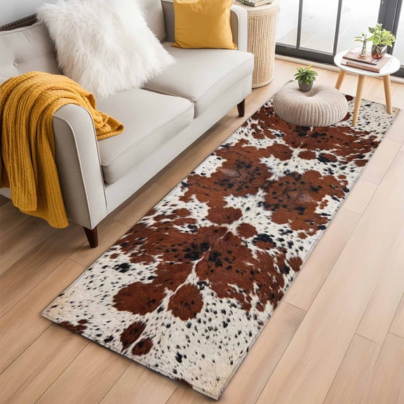 Brown Cowhide Texture 2'x6' Runner Rug for Hallway Walkway Kitchen Galley, Country Farm Animal Classic White Brown Spots Low Pile Non Slip Long Area Rug, Machine Washable Indoor Outdoor Mat