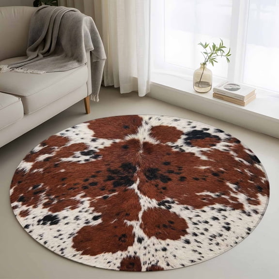 Brown Cowhide Texture 3.3' Round Rug for Bedroom Reading Corner, Country Farm Animal Classic White Brown Spots Non Slip Circle Area Rug, Machine Washable Indoor Outdoor Mat