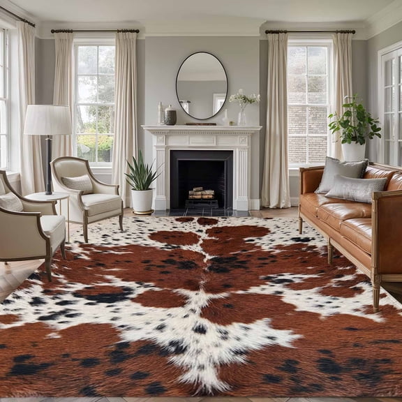 Brown Cowhide Texture 8'x10' Large Area Rug for Living Room Sectional Sofa, Country Farm Animal Classic White Brown Spots Non Slip Low Pile Rectangle Area Rug, Machine Washable Indoor Outdoor Mat