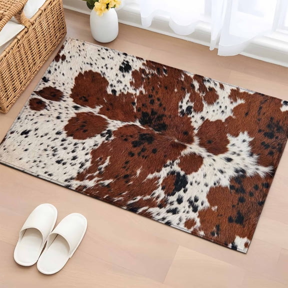 Brown Cowhide Texture Entryway Rug 2'x3' Country Farm Animal Classic White Brown Spots Small Area Rug Non-Slip Front Door Mat Washable Floor Carpet for Indoor Entrance Kitchen Bathroom
