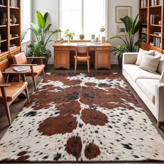 Brown Cowhide Texture Washable Area Rug 9 x 12 ft Country Farm Animal Classic White Brown Spots, Soft Non Slip Rugs Stain Repellent Indoor Felt Carpet for Living Dining Room Bedroom Home Office