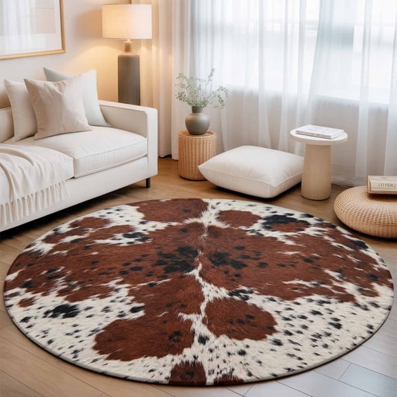 Brown Cowhide Texture Washable Round Area Rug 3 ft, Country Farm Animal Classic White Brown Spots, Soft Non Slip Rugs Stain Repellent Indoor Felt Carpet for Living Dining Room Bedroom Home Office
