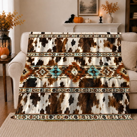 Brown Cowhide Tribal Band Western Style, Cozy Friendship Quote Scene, Warm Flannel Blanket for Ranch House and Living Room, Art Lovers Thanksgiving Gift, Artistic Home Decor