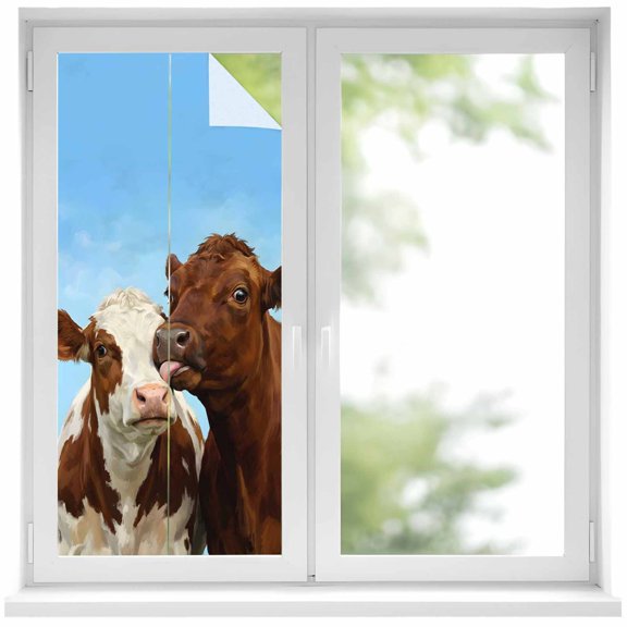 Brown Cows Window Privacy Film, Country Elegant Farmhouse Modern Art Static Cling UV Sun Blocking Heat Control Window Tint Day and Night, Non-Adhesive One Way Windows Privacy Cover 19.6''x39.3''