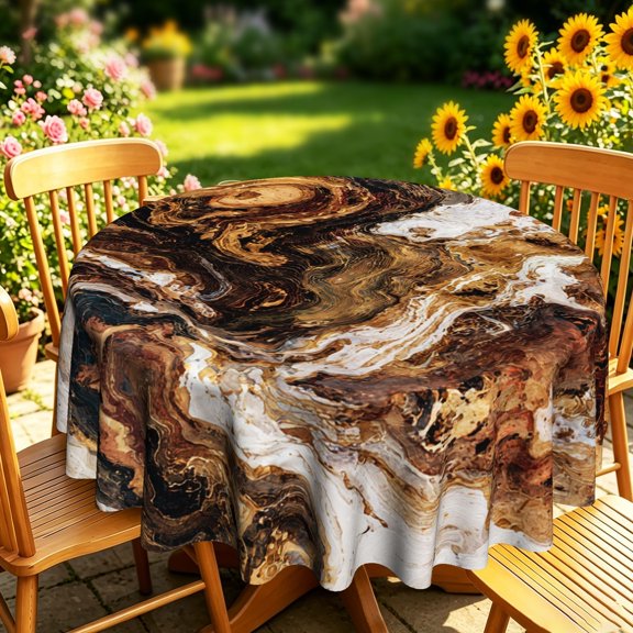 Brown and Cream Abstract Marble Swirl 2D Print Round Tablecloth, Graphic Decorative Table Cover for Patio Garden Weekend Gatherings, Kitchen Dining Room Decor, Modern Home Decor
