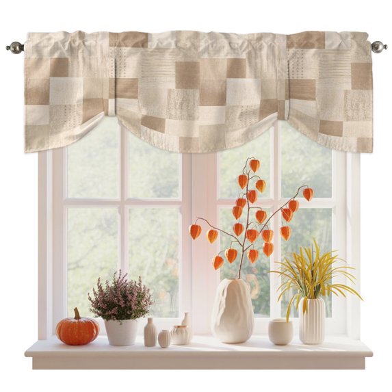 Brown Cream Checked Tie Up Valance Curtains for Windows, Kitchen Curtains Window Treatments, Vintage Buffalo Plaid Farmhouse Short Window Shades Valances for Bedroom Bathroom Cafe 42"x12"
