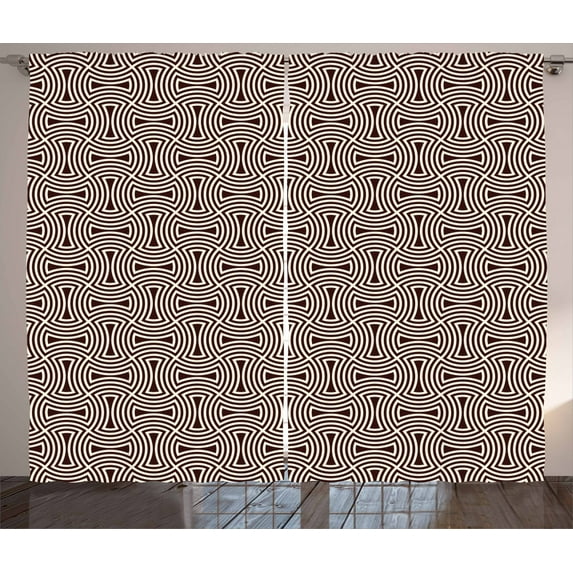 Ambesonne Brown and Cream Curtains 2 Panel Set, Curved Lines Mosaic, 108" x 63", Brown and Cream
