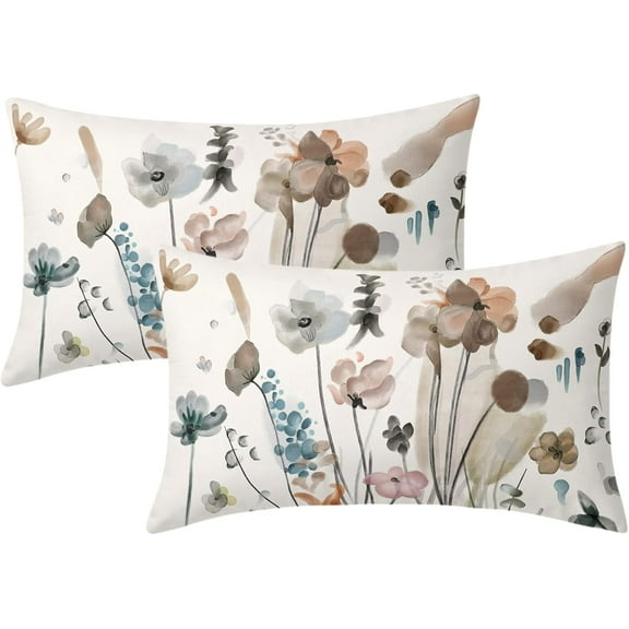 Brown Cream Grey Teal Floral Pillow Covers 12x20 Inch Watercolor Flower Lumbar Bed Pillow Cases Rustic Abstract Modern Throw Pillows Set of 2 Farmhouse Home Decor for Living Room Bedroom Bed