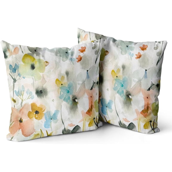 Brown Cream Grey Teal Floral Pillow Covers Watercolor Flower Couch Pillow Cases Rustic Abstract Modern 18x18'''' Throw Pillows Set of 2 Farmhouse Home Decor for Room Bedroom Bed Cushion Outdoor