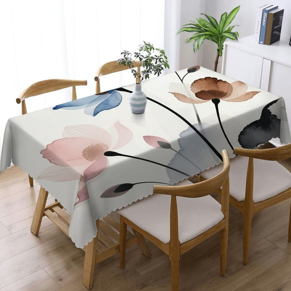 Brown Cream Grey Teal Floral Tablecloths rectangle , Holiday-Themed Design - Machine-Made Rectangular Tablecloth, Cafe, dinner, picnic