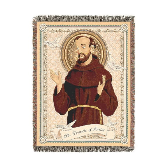 Brown, Cream and Teal Saint Francis of Assisi with Doves Woven Blanket, 100% Cotton, Ornamental Religious Style