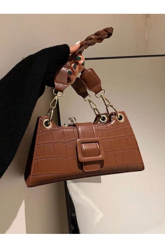 Brown Croc-Embossed Braided Strap Shoulder Bag With Buckle Detail