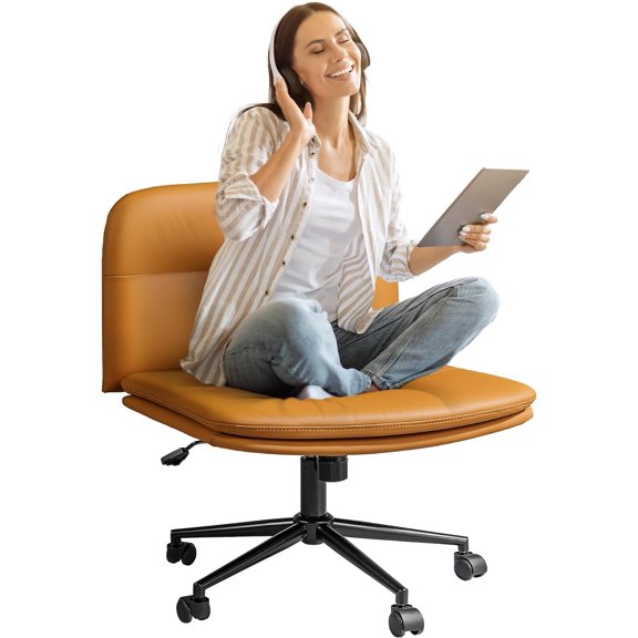 Brown Cross Legged Office Chair with Wide Seat and Wheels, Armless Criss Cross Vanity Chair