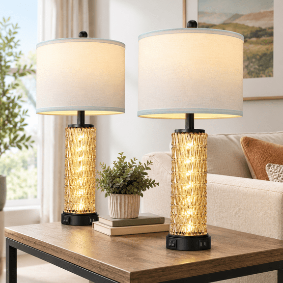 Brown Crystal Table Lamp with Dual USB Charging Ports, LED Night Light, and Included Bulbs for Bedroom Living Room