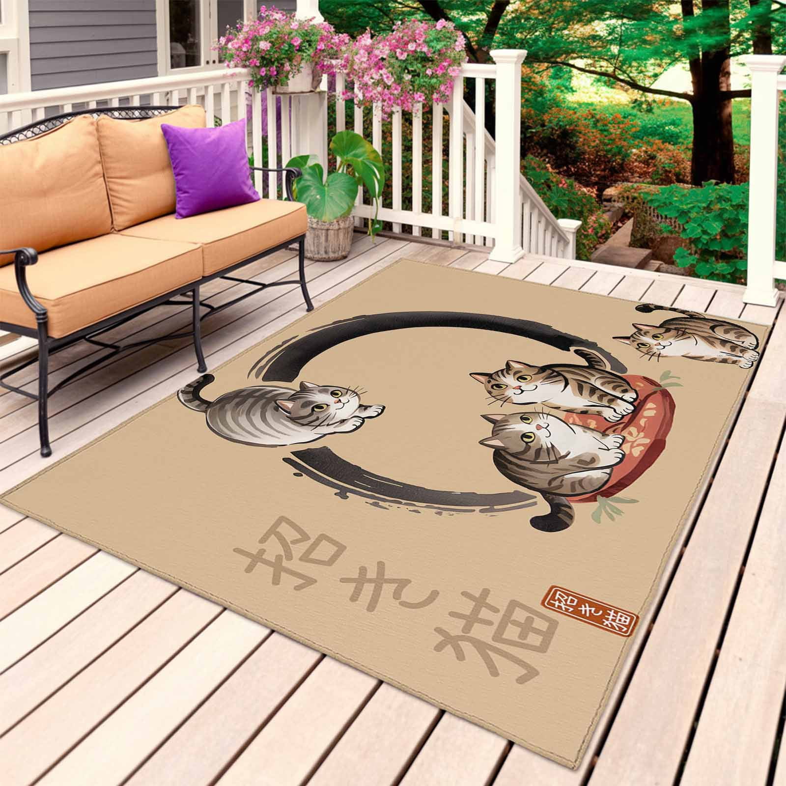 Brown Cute Cat Outdoor Rug for Patio/Deck/Porch, Non-Slip Large Area ...