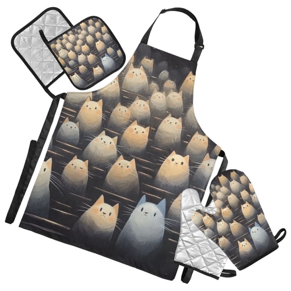 Brown Cute Cat Oven Mitts and Pot Holders with Chef Apron Set 5 Pcs Kitchen Cooking Set