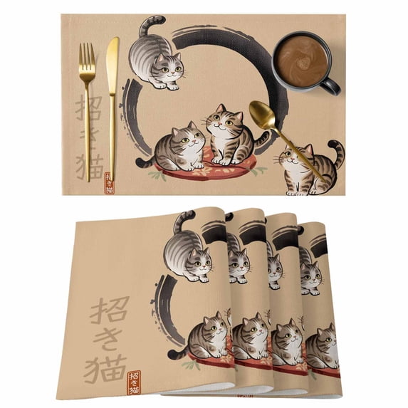 Brown Cute Cat Placemats Set of 6, Modern Art Placemats for Dining Table, Place Mats for Kitchen Tabletop, Waterproof Wipeable Dining Table Mats Set