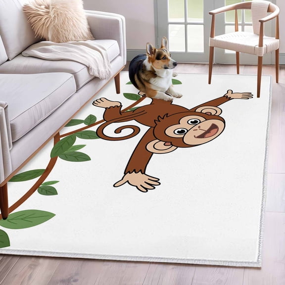 Brown Cute Monkey Area Rug 4x6 FT, Non Slip Kids Room Carpet, Playing Funny Animal on Branch Washable Soft Floor Carpet Non-Shedding Throw Rug for Dorm Kitchen Study Room Home Office Bedside