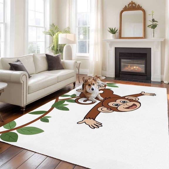 Brown Cute Monkey Area Rug 5x7 FT, Non Slip Bedroom Throw Carpet, Playing Funny Animal on Branch Washable Soft Floor Carpet Non-Shedding Rug for Dining Room Bedside Classroom Desk