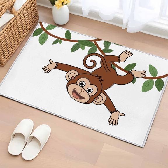 Brown Cute Monkey Bathroom Rug Washable 2x3 Entryway Rug Non Slip Playing Funny Animal on Branch Front Door Mat Low Pile Indoor Doormat Throw Floor Carpet for Kitchen Bedroom Entrance
