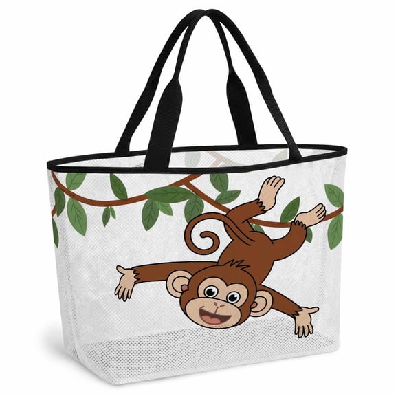 Brown Cute Monkey Beach Bag for Women, Large Breathable Mesh Beach Tote Bag, Playing Funny Animal on Branch Sandproof Lightweight Travel Bags for Vacation Picnic Swimming Pool 15.7"x15.7"x9.1"