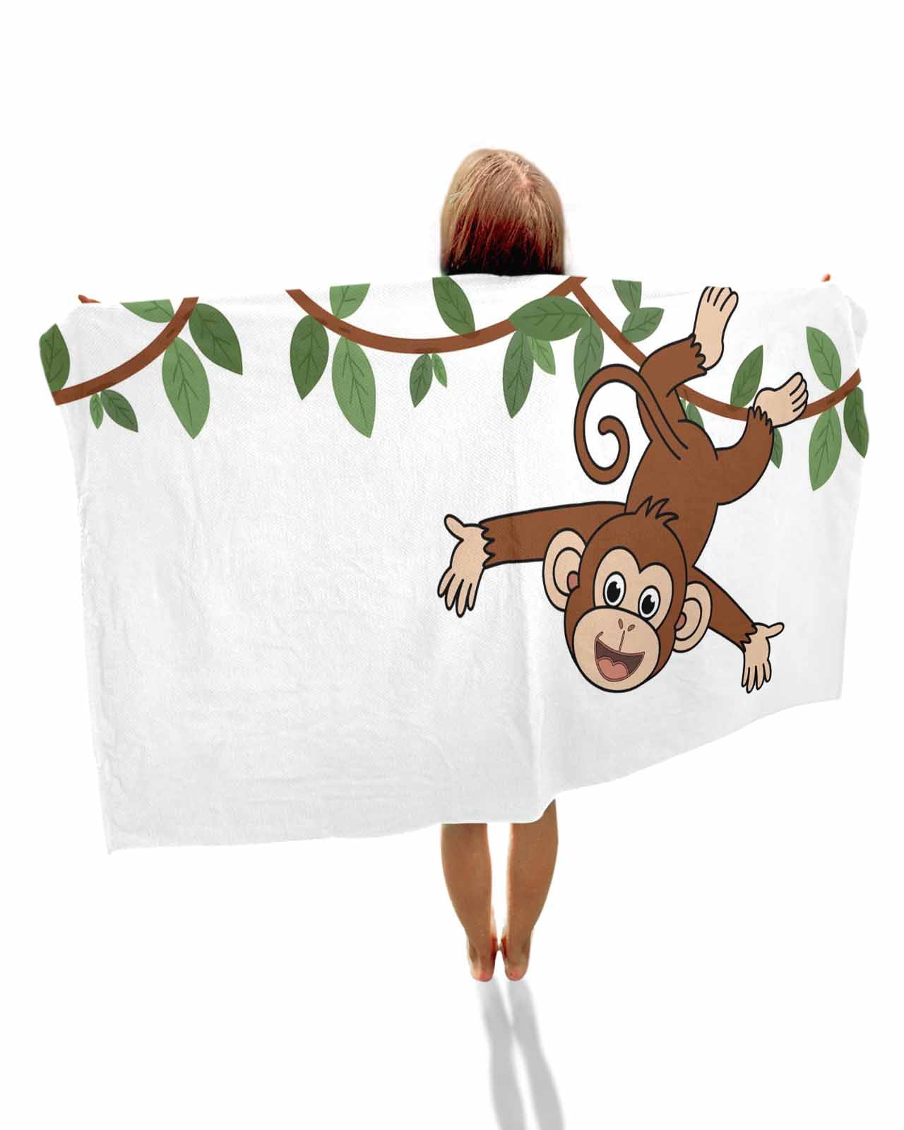 Brown Cute Monkey Beach Towels Oversized Super Absorbent, Playing Funny Animal on Branch Lightweight Bath Towel Quick Dry Sets For Bathroom/Pool/Rv Camping/Beach Play/Gym Room/Picnic 23"x47"