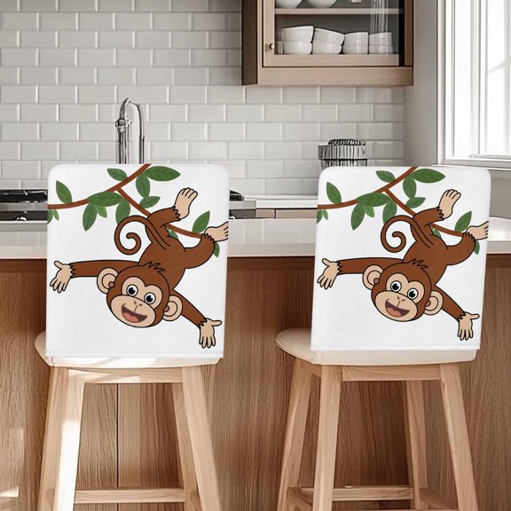Brown Cute Monkey Chair Back Cover for Dining Room, Playing Funny Animal on Branch Removable Kitchen Chair Slipcovers, Washable Seat Protector for Restaurant Party Banquet Wedding Décor