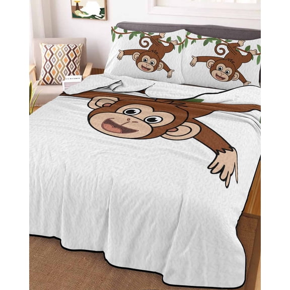 Brown Cute Monkey King Size Down Alternative Comforter, Lightweight Comforter Quilt Bedding Set with Pillow Shams Playing Funny Animal on Branch All Seasons Bed Comforter Duvet Insert 96"x106"