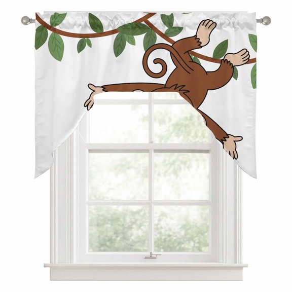 Brown Cute Monkey Kitchen Valance Swag Window Curtain Set for Small Window 36 Inches Length, Playing Funny on Branch Rod Pocket Light Filtering Window Treatment Swag 1pcs