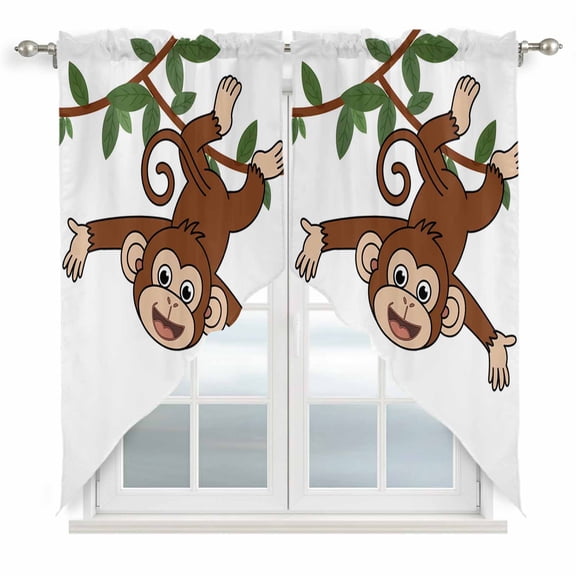 Brown Cute Monkey Kitchen Window Curtains, Swag Curtains Valance for Bedroom Living Room Bathroom, Playing Funny Animal on Branch Rod Pocket Window Treatment Curtain Block Drapes 2 Panels 28"x36"