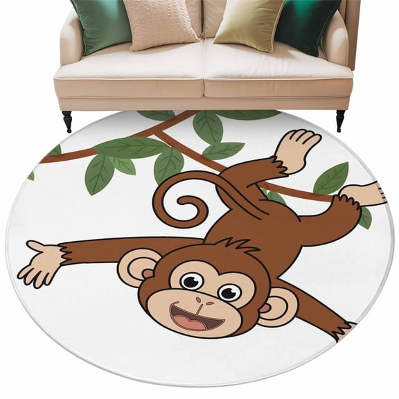 Brown Cute Monkey Large Area Rugs for Bedroom Living Room, Soft Non Slip Carpet Bedside Rug, Playing Funny Animal on Branch Round Floor Cover Kitchen Accent Rug 5' for Dining Room/Office