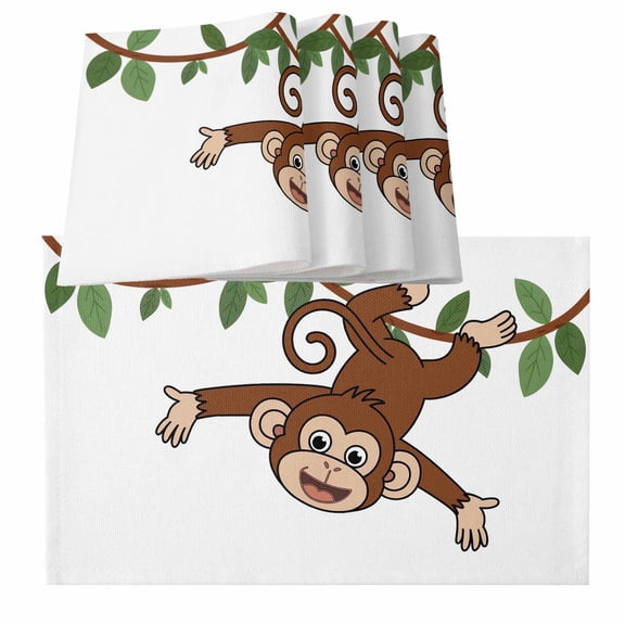 Brown Cute Monkey Placemats for Dinning Table Set of 4, Playing Funny Animal on Branch Burlap Kitchen Place Mats Waterproof Cloth Table Mats, Indoor Outdoor Placemats Easy Clean Dinner Decor