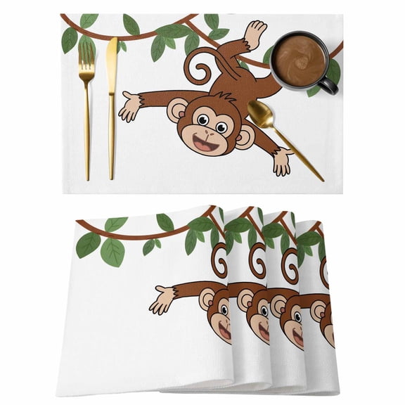 Brown Cute Monkey Placemats Set of 8 Playing Funny Animal on Branch Place Mats Indoor Wipeable Table Mats Washable Cloth Dining Table Placemats for Kitchen Holiday Party Home Decor 13x19 Inch