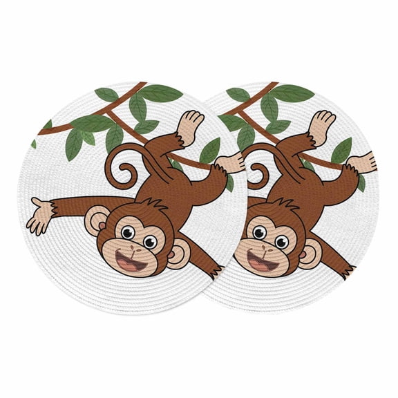 Brown Cute Monkey Round 13 Inch Placemats Set of 2, Playing Funny Animal on Branch HeatResistant Non Slip Place Mats for Dining Table, Wipeable Braided Kitchen Table Mats for Housewarming