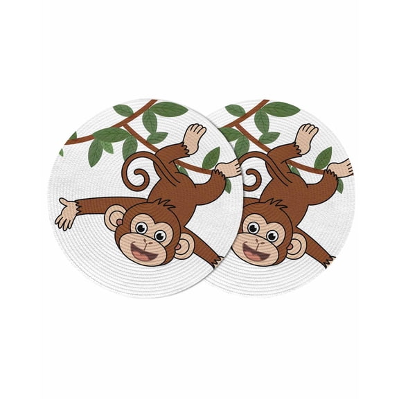 Brown Cute Monkey Round Placemats Set of 2 for Dinning Tables,Heat-proof Braided Table Mats 13 Inch,Playing Funny Animal on Branch Washable Place Mat for Kitchen Restaurant Party Decor Table Setting