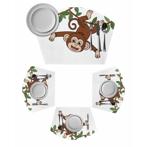 Brown Cute Monkey Round Table Placemats Set of 2 Wedge Placemats, Playing Funny Animal on Branch Place Mats for Dining Table Set Washable Mats Kitchen Decor for Indoor Outdoor Wipe Clean