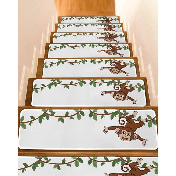Brown Cute Monkey Stair Treads for Wooden Steps Indoor Runner Rug Carpet, Playing Funny Animal on Branch 4 Pieces Peel and Stick Staircase Step Treads Covers Washable Throw Door Mats, 30"x8"