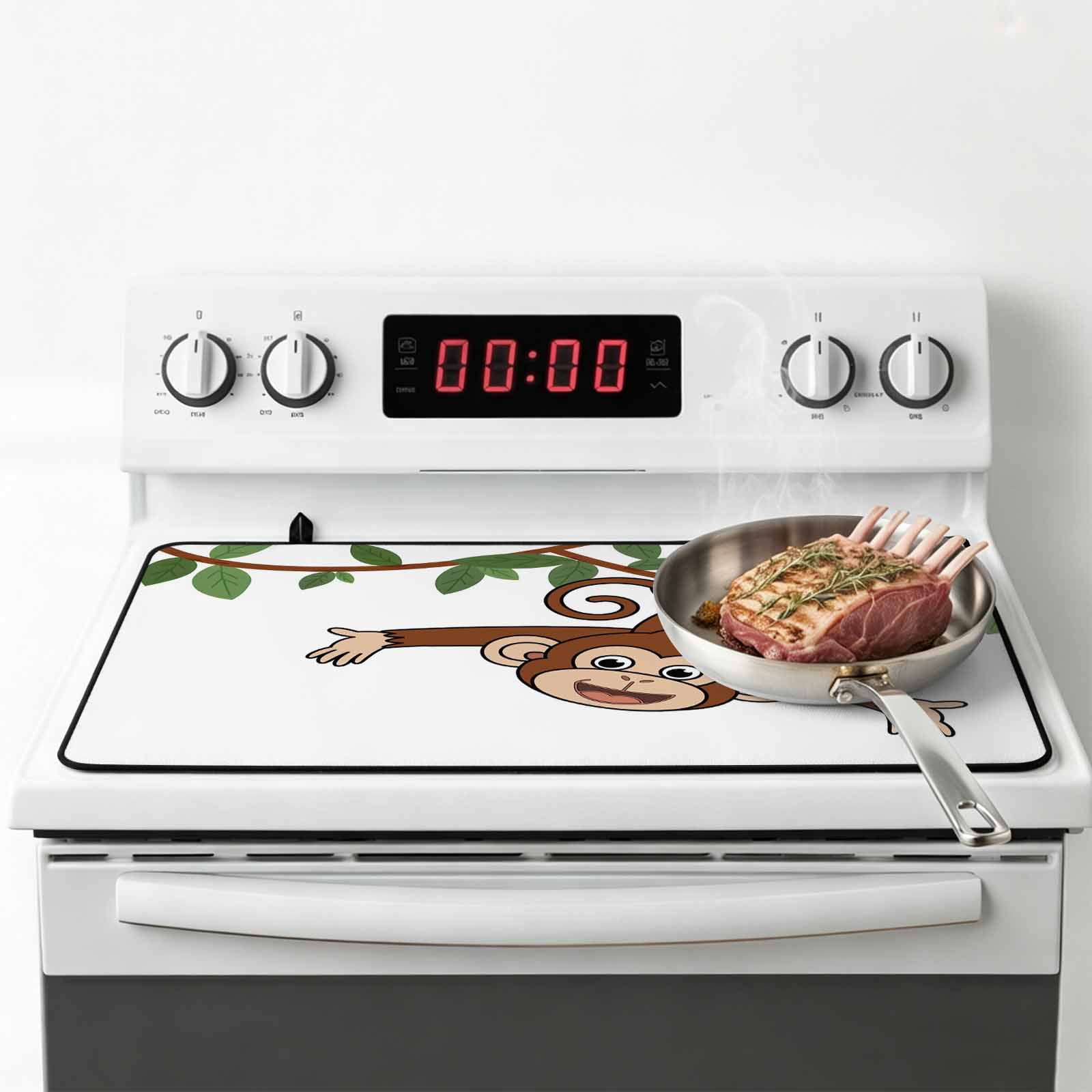 Brown Cute Monkey Stove Top Cover for Electric Stove, Heat-proof & Non Slip Glass Top Stove Cover Protector, Playing Funny Animal on Branch Kitchen Flat Cooktop Rubber Mat 24x21 Inches