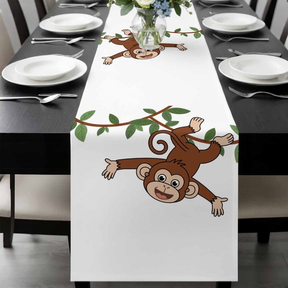 Brown Cute Monkey Table Runner 36 Inches Long, Playing Funny Animal on Branch Kitchen Coffee Dining Table Decoration for Home Party Birthday Wedding Home Decor 13x36 Inches