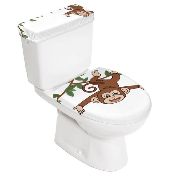 Brown Cute Monkey Toilet Lid Cover and Tank Cover Set, 2 Pieces Stretch Toilet Covers, Elastic Fit for Round, U-Shaped & Elongated Toilets Bathroom Decor Playing Funny on Branch