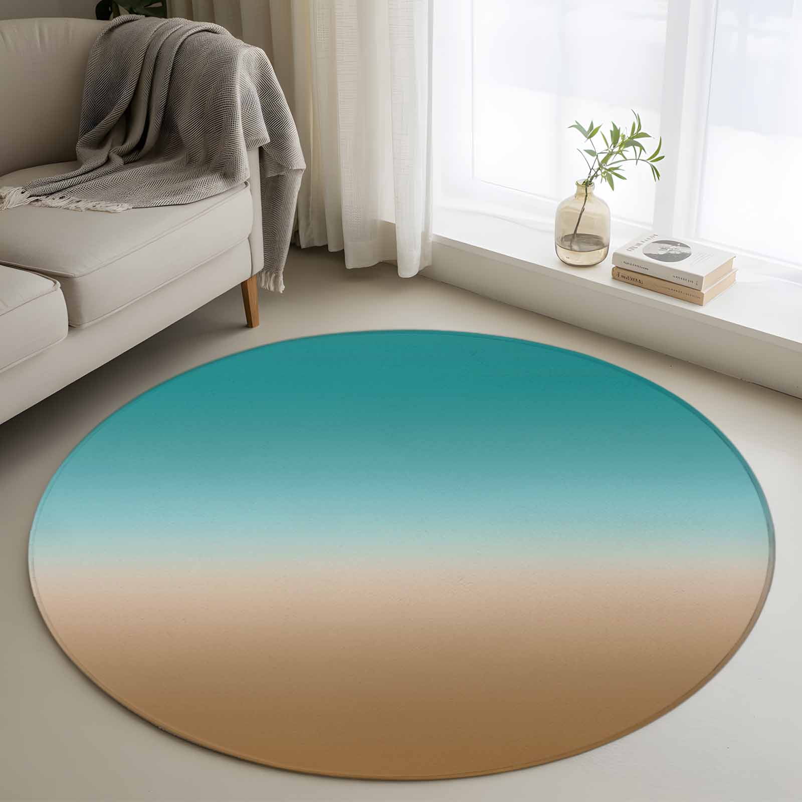 Brown Cyan Round Rugs for Living Room 4ft Turquoise Gradient Non Slip ...
