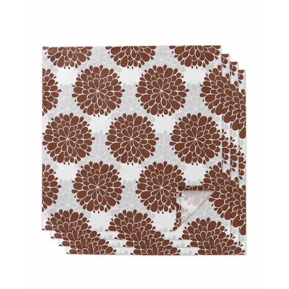 Brown Dahlia Cloth Napkins Set of 4 Reusable Dinner Napkins, Vintage Abstract Grey Flowers Floral Cocktail Napkin Washable Table Napkins for Wedding/Holiday Party/Baby Shower 20"x20"