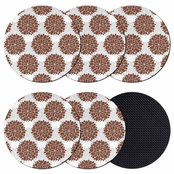 Brown Dahlia Coasters Set of 6, Absorbent Coasters for Drinks, Vintage Abstract Grey Flowers Floral Coaster for Desk Coffee Table Protection, Home Decor House Warming Gifts 4"