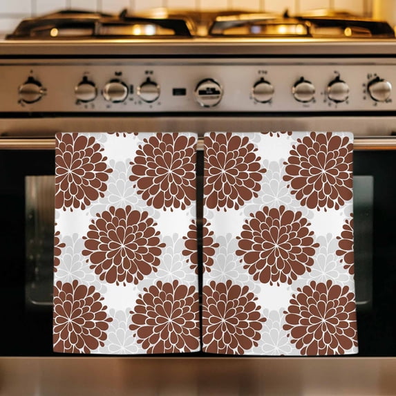 Brown Dahlia Kitchen Towels Set of 1, Vintage Abstract Grey Flowers Floral Absorbent Dish Towels for Kitchen, Microfiber Hand Towel, Quick Drying Tea Towel for Cleaning Decorative Dishcloths