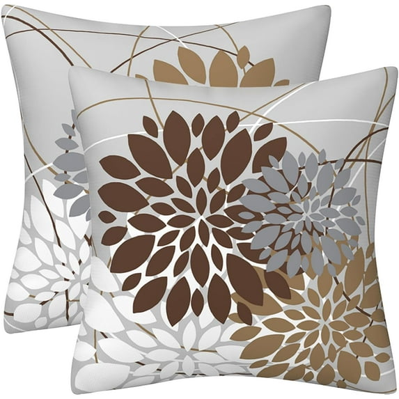 Brown Dahlia Pillow Cover 18x18 Inch Gray Coffee Colored Throw Pillow Covers Spring Summer Geometric Floral Line Cushion Cases for Sofa Bed Living Room, Set of 2